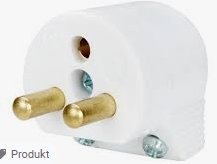 Ojordad vit lampstickpropp med två guldaktiga metallstift och skruvar, avsedd för montering på sladd.