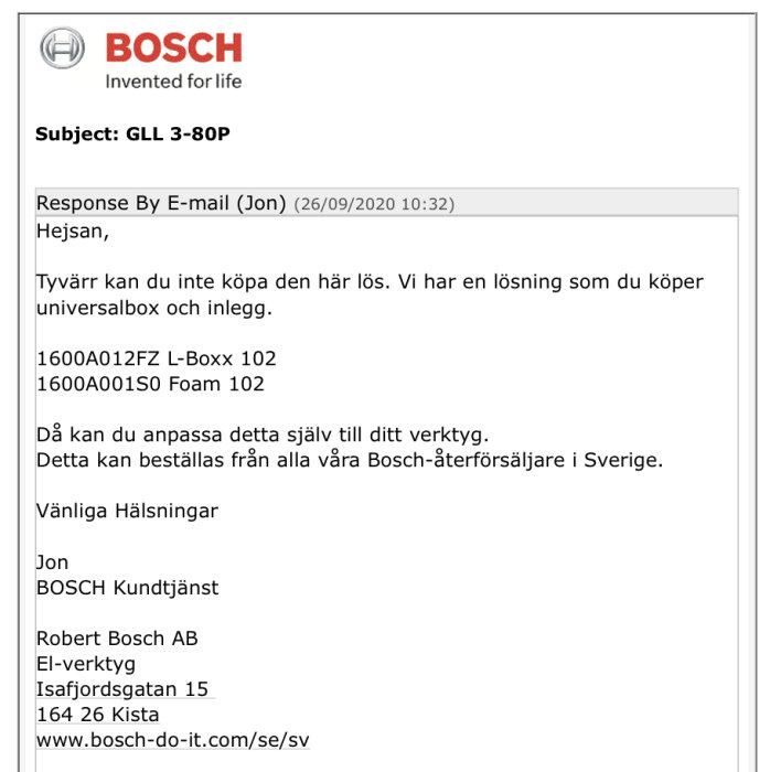 E-post från BOSCH Kundtjänst angående köp av universallåda och inlägg för GLL 3-80P.