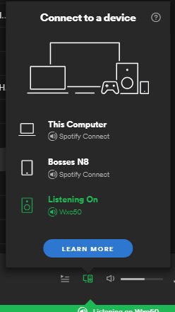 Spotify Connect gränssnitt som visar enheter tillgängliga för streaming, inklusive Yamaha WCX-50 väljs.