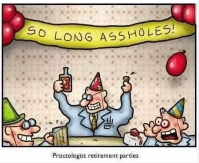 Illustration av en pensioneringsfest med karaktärer som firar med texten "SO LONG ASSHOLES" på en banderoll.
