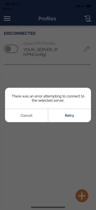 Skärmdump som visar felmeddelandet "There was an error attempting to connect to the selected server" i en VPN-app.