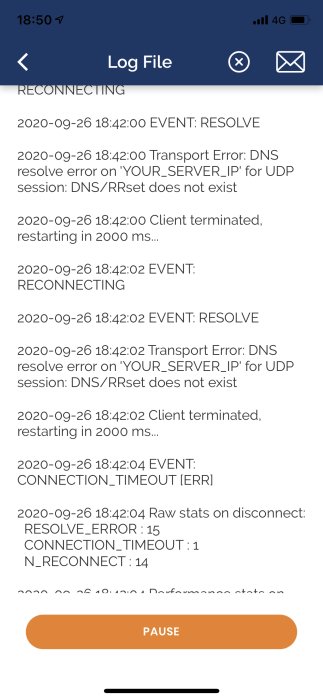 Skärmdump av en loggfil som visar upprepade DNS-resolve-fel och återanslutningsförsök.