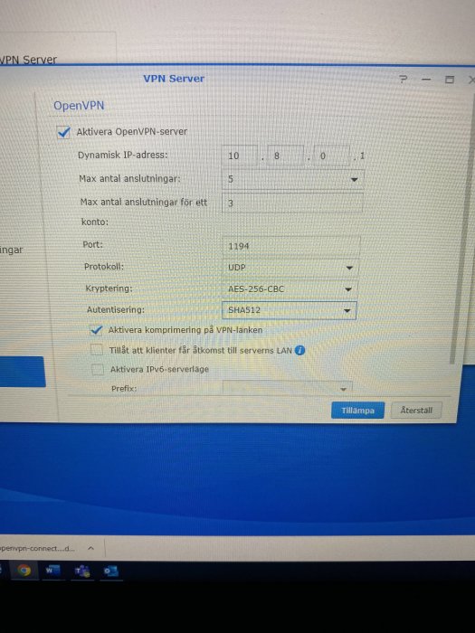 Skärmdump av OpenVPN-serverinställningar på en datorskärm.