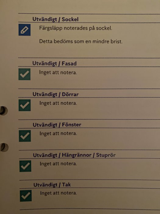 Checklista för husinspektion med markerade punkter för sockel, fasad, dörrar, fönster, hängrännor/stuprör och tak.