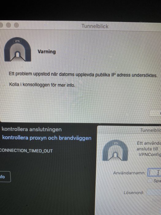 Datorskärm med felmeddelande om VPN-anslutningsproblem och instruktioner för felsökning.