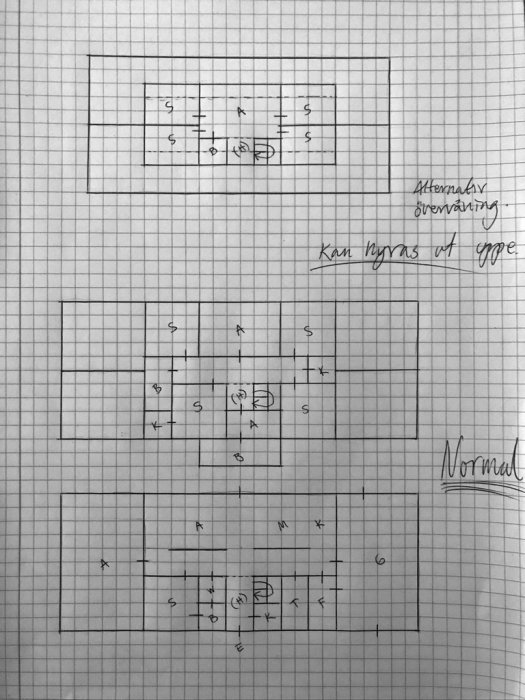 Handritad planritning av ett normalt hus med noteringar och möbleringssymboler.