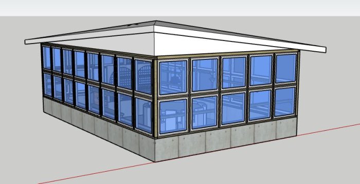 3D-modell av ett orangeri med stora fönster och ett platt tak över byggnadens diagonal.