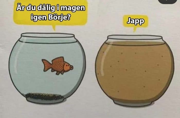 Illustration av två fiskar i separata skålar, en med klart vatten, den andra skålen fylld med brunt vatten, med pratbubblor.