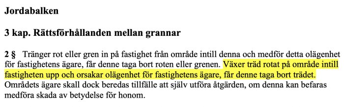 Text från Jordabalken med föreslagen lagändring markerad i gult om rättigheter för fastighetsägare att ta bort träd som orsakar olägenhet.