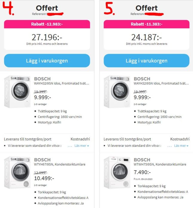 Två erbjudanden från webbutik med bilder av BOSCH tvättmaskin och torktumlare, inklusive priser och specifikationer.