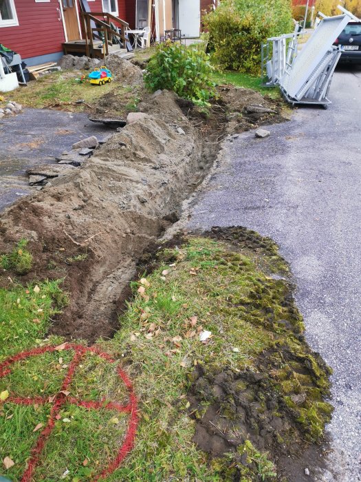 Grävd schakt i trädgård nära asfalterad gata för fiberinstallation, med synliga rötter och en rödmarkerad yta.