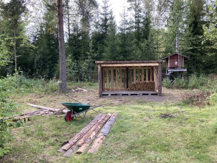 Trädgårdsskjul byggt av stockar och lastpallar med vedstapel på skogsbakgrund.