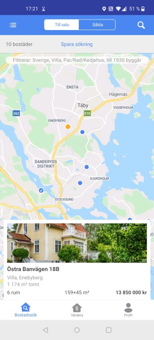 Skärmavbildning av bostadssökning med karta över Täby och detaljer om villa till salu i Enebyberg.