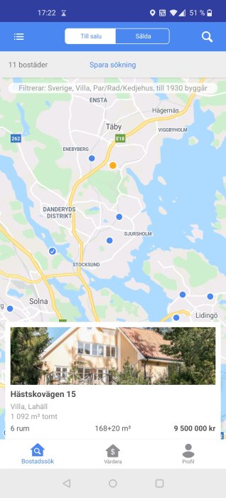 Skärmdump från Booli visar en villa till salu i Täby för 9,5 miljoner kronor, karta och sökresultat.