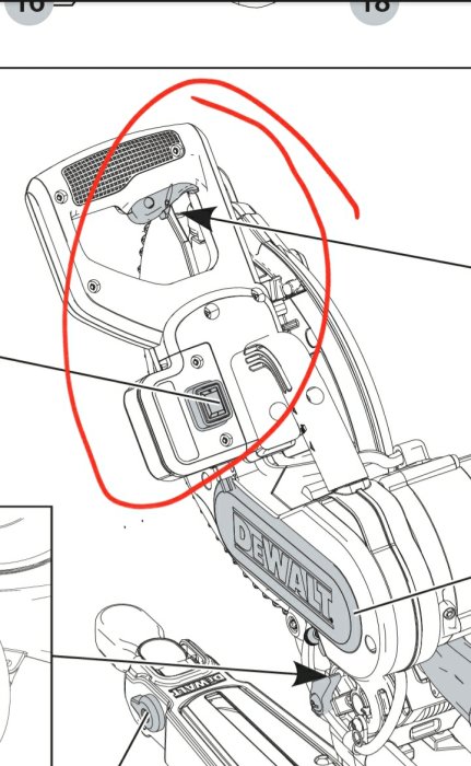 Illustration av en DEWALT såg med fokus på ratten baktill och skugglinjen som användaren beskriver.