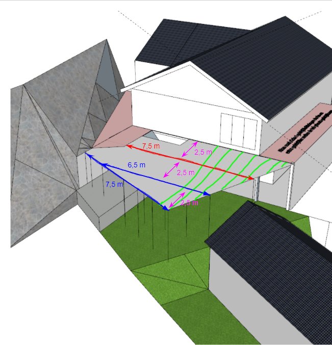 3D-ritning av ett hus med måttangivelser för den planerade konstruktionen av en altan.