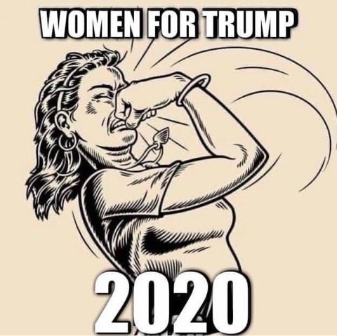 Illustration av en kvinna som gör en armhålsfart med texten "Women for Trump 2020".