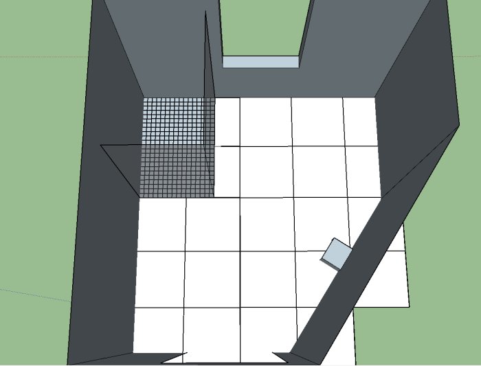 3D-modell av ett badrumsgolv med klinkerläggning nära duschen, visar dimensioner och mönster.