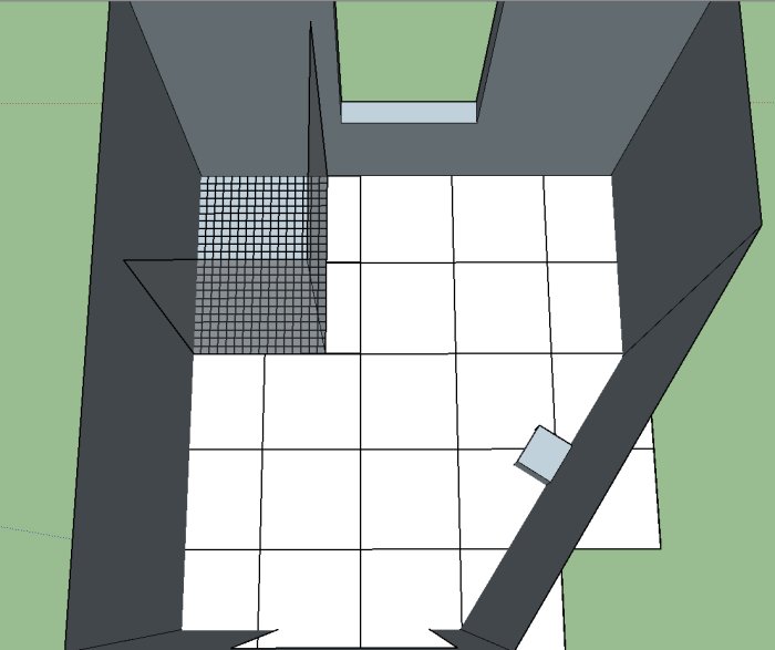 3D-modell av badrumsgolv med klinker, visar plattläggning nära dusch och vinklad vägg.