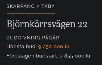 Skärmklipp på budgivning för Björnkarrsvägen 22 i Täby med högsta bud på 9 250 000 kr, budgivning pågår.