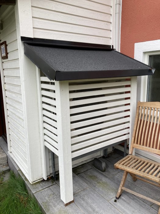 Ljudisolerat skydd för luftvärmepump placerat under husets hörn med tak av tjärpapp.