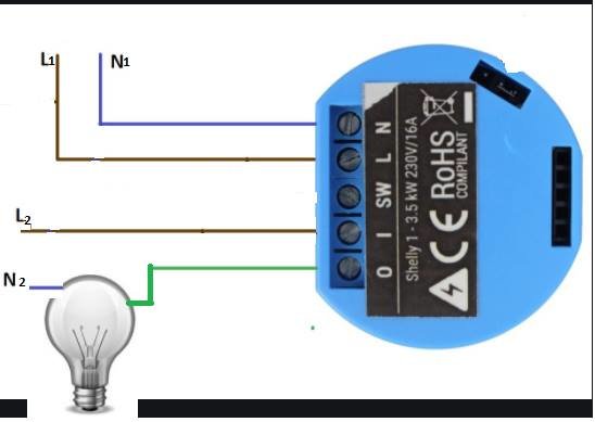 Elschema för en Shelly 1 smart switch med anslutna ledningar för L1, N1 och en lampa kopplad till L2, N2.