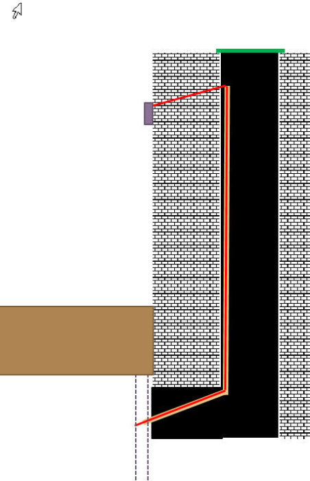 Schematisk illustration av ett 16mm VP-rör som böjer vid murstock och ner i en ny vägg.