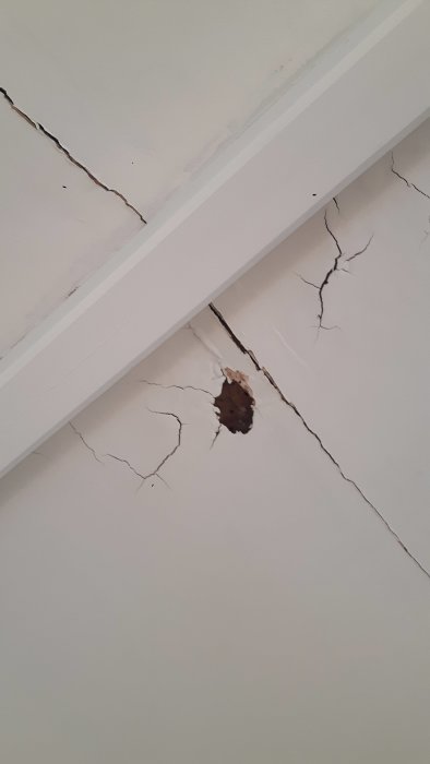 Sprickor mellan masonitskivor i ett tak med en delvis bortfallen målfärg, visande tecken på potentiell fuktskada.