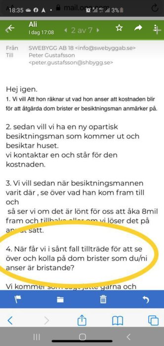 Skärmdump av ett e-postmeddelande med en förfrågan om åtkomst för att inspektera brister på en bostad.