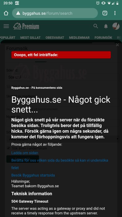 Skärmdump av webbplatsfel med texten "504 Gateway Timeout" på ett byggforum.