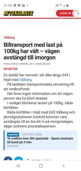 Skärmdump av en nyhetsartikel på Aftonbladets mobilwebbplats om en lastbilsvält.