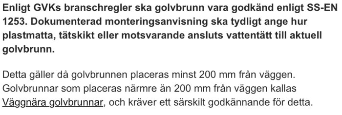Skärmbild av ett dokument som beskriver regler för golvvbrunnar enligt GVKs branschregler och SS-EN 1253.