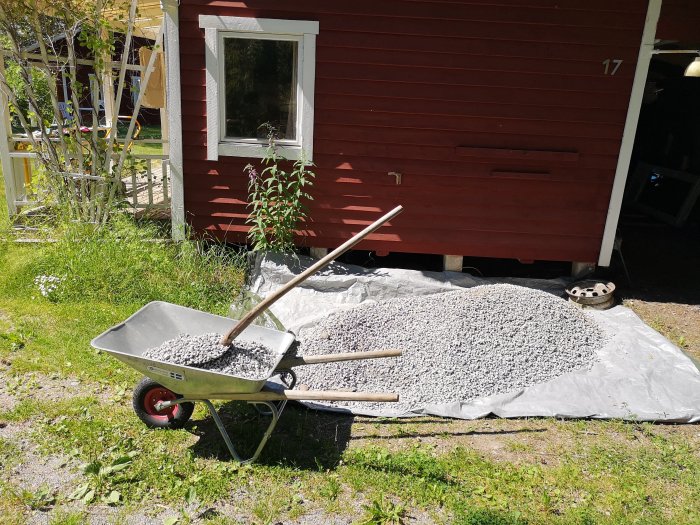 Skottkärra med grus framför röd stuga, förarbete till byggprojekt med utgrävning och jämning.