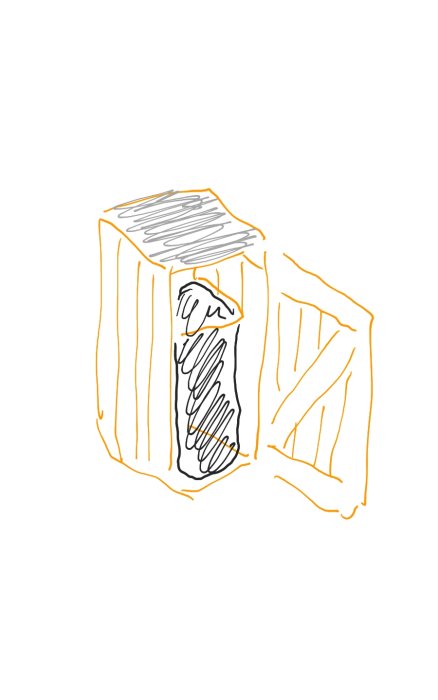 Illustration av ett enkelt ritat minisopskåp i trallvirke med öppen dörr.