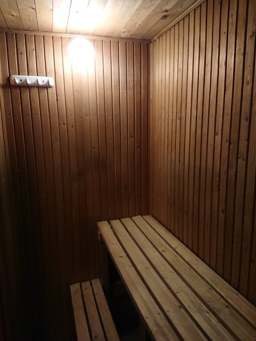 Delvis inredd bastu med träpanel, bastulav och naken betonggolv.