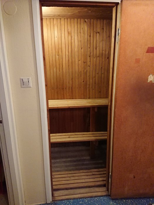 En inredd bastu i källarplan med träpanel, bastulav och enkel trädörr, betonggolv syns.