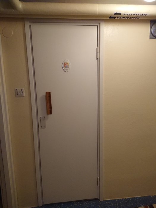 Enkel trädörr till bastu med handtag och värmeskylt, samt omgivande vägg och golv.