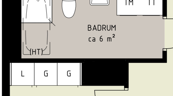 Ritning av ett hus med markerade garderober och texten "BADRUM ca 6 m²" som visar en planlösning.