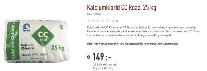 Säck med Kalciumklorid CC Road 25 kg för användning som kostnadseffektivt alternativ till Torrbollar.