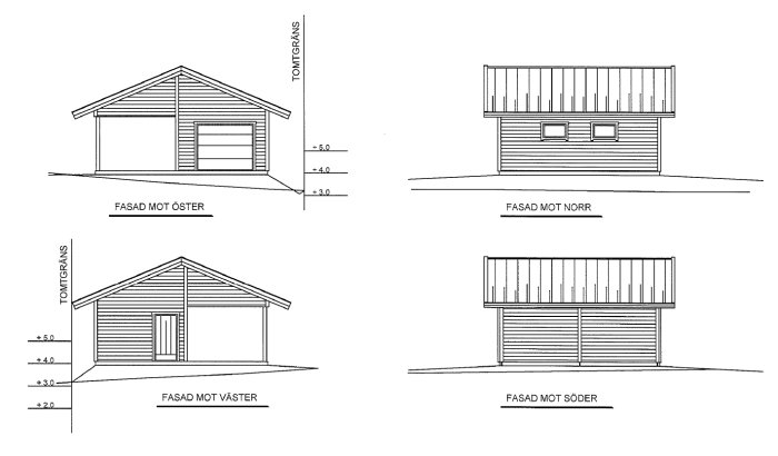Ritningar av ett garage visar fasaderna från öster, norr, väster och söder med måttangivelser.