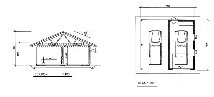 Ritningar av garage med carport inklusive sektion och planvy som visar mått och layout.