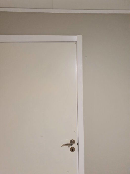 Vit dörr med silverhandtag, dörrfoder och taklist målade i ren vit ton kontrasterar med dörrens smutsvita nyans.