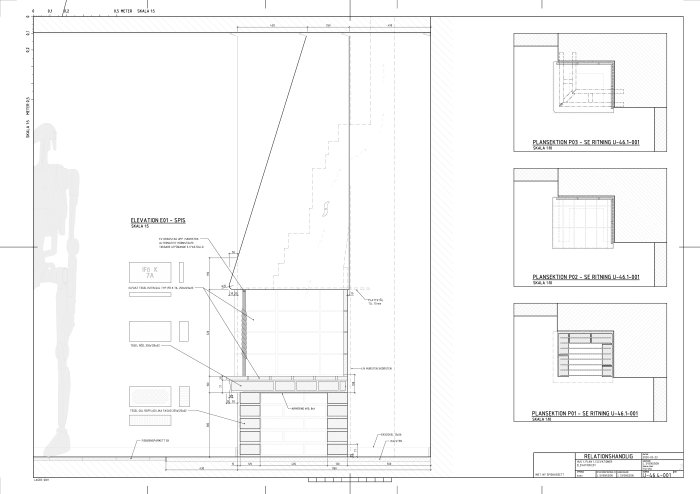 Arkitektonisk ritning av en byggnad med sektioner, planvyer och detaljteckningar.