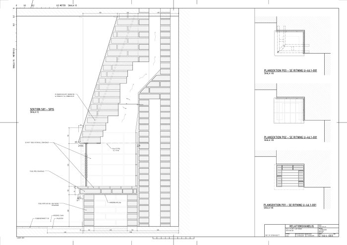 Arkitektonisk sektionsritning av en trappa med detaljer och planvyer.