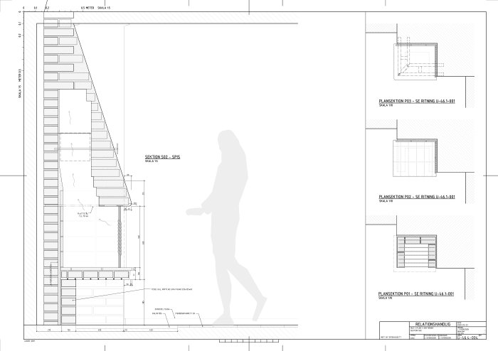 Arkitektoniska uppställningsritningar inklusive sektion och planvyer i skalor 1:5 och 1:100.