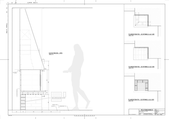 Arkitektonisk ritning med måttsättning, snitt och elevationer för en byggnad.