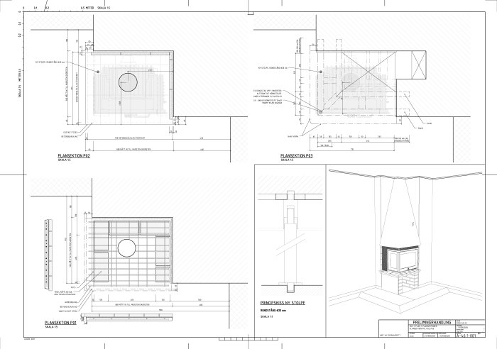 Tekniska ritningar av en byggplan inklusive plansektioner och detaljvy av en ny spis.