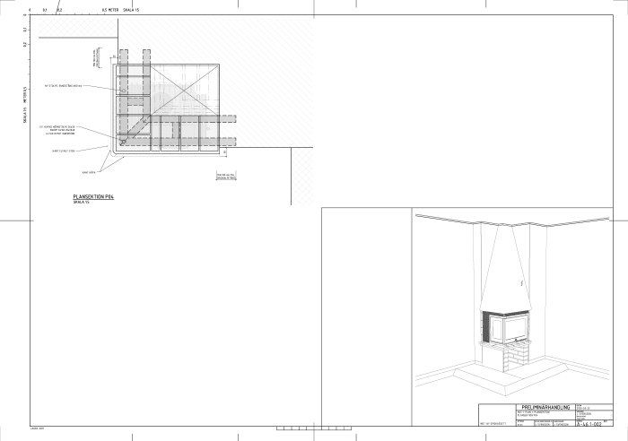 Arkitektoniska uppmätningsritningar och preliminära ritningar av en byggkonstruktion med detaljer och måttangivelser.