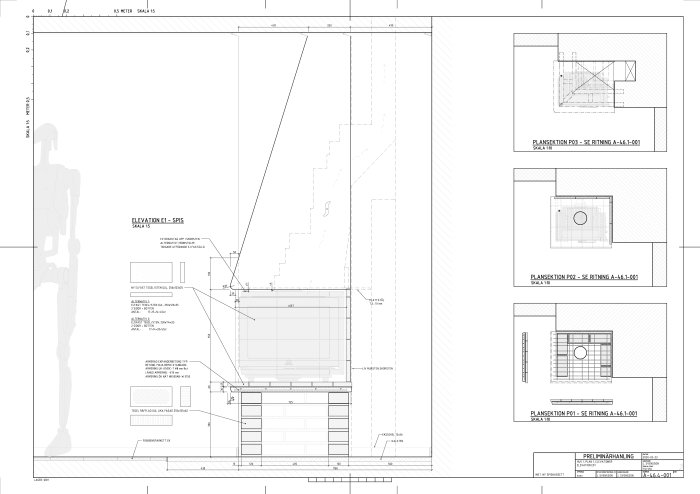 Arkitektonisk uppmätningsritning med plansektioner och elevation för ett byggprojekt.