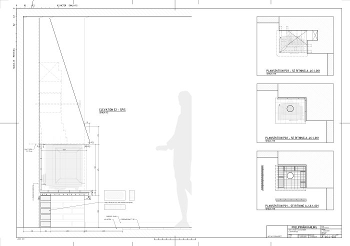 Arkitektoniska uppmätningsritningar och detaljplaner med måttangivelser.